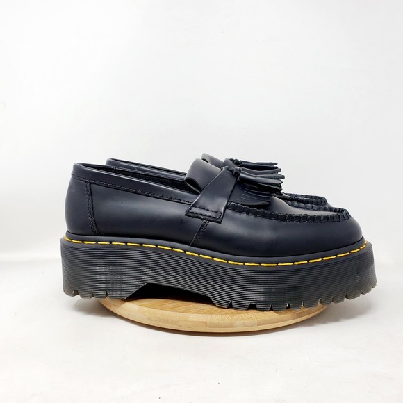 Dr. Martens Shoes - Dr. Martens Black Leather Platform Tassel Loafers with Yellow Stitch